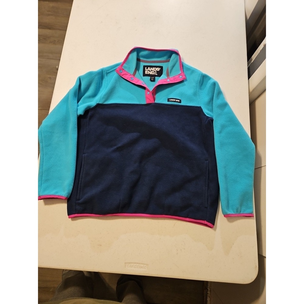 Lands End Fleece Jacket Pullover Women Size Small 6-8 Blue/pink Pockets (A1047)